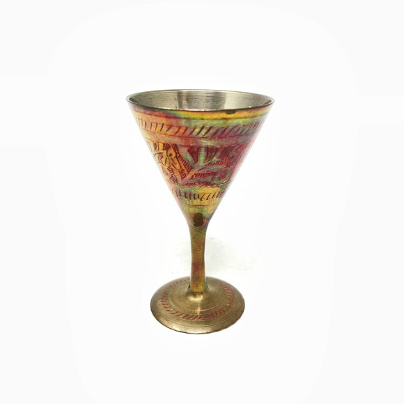 Vintage Brass Hand carved Painted Goblet Cup Gold Red - Picture 1 of 7